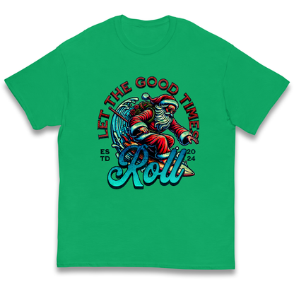 Santa Surfing Let The Good Times Roll Christmas kids t shirt