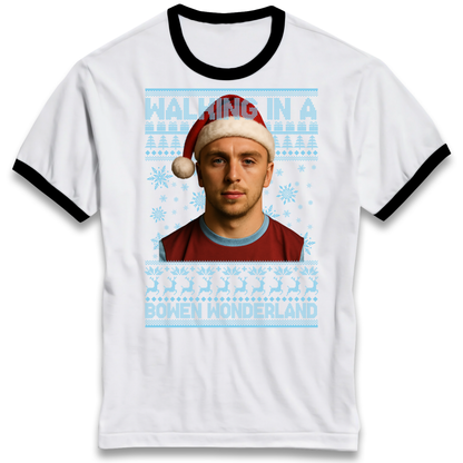 Jared Bowen walking in a Bowen Wonderland Christmas Ringer T Shirt