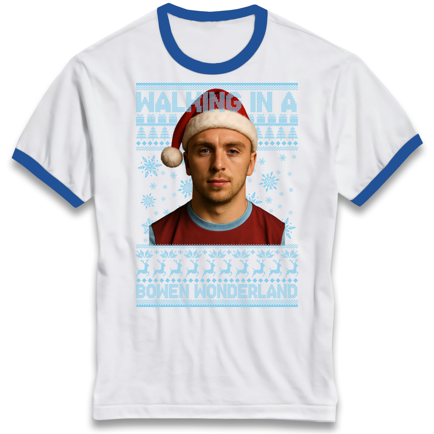 Jared Bowen walking in a Bowen Wonderland Christmas Ringer T Shirt