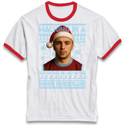 Jared Bowen walking in a Bowen Wonderland Christmas Ringer T Shirt