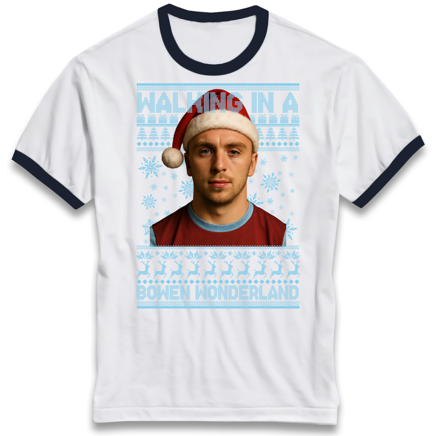 Jared Bowen walking in a Bowen Wonderland Christmas Ringer T Shirt