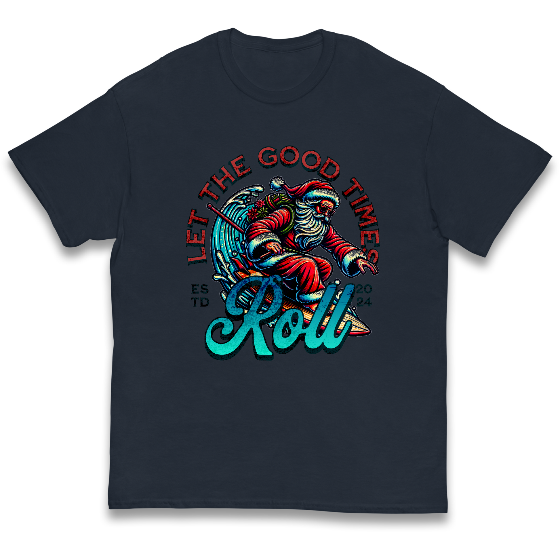 Santa Surfing Let The Good Times Roll Christmas kids t shirt