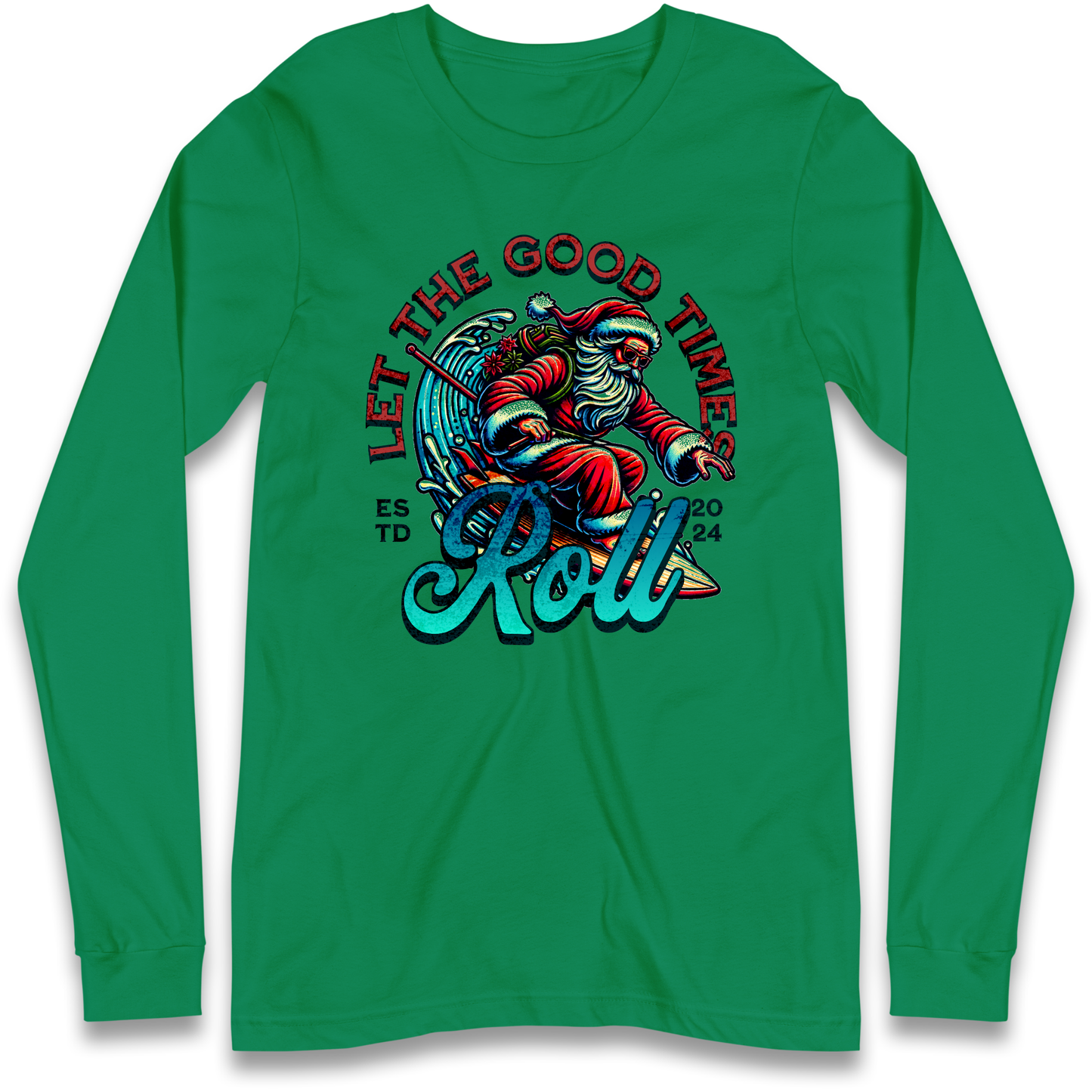 Santa Surfing Let The Good Times Roll Christmas Longsleeve T Shirt