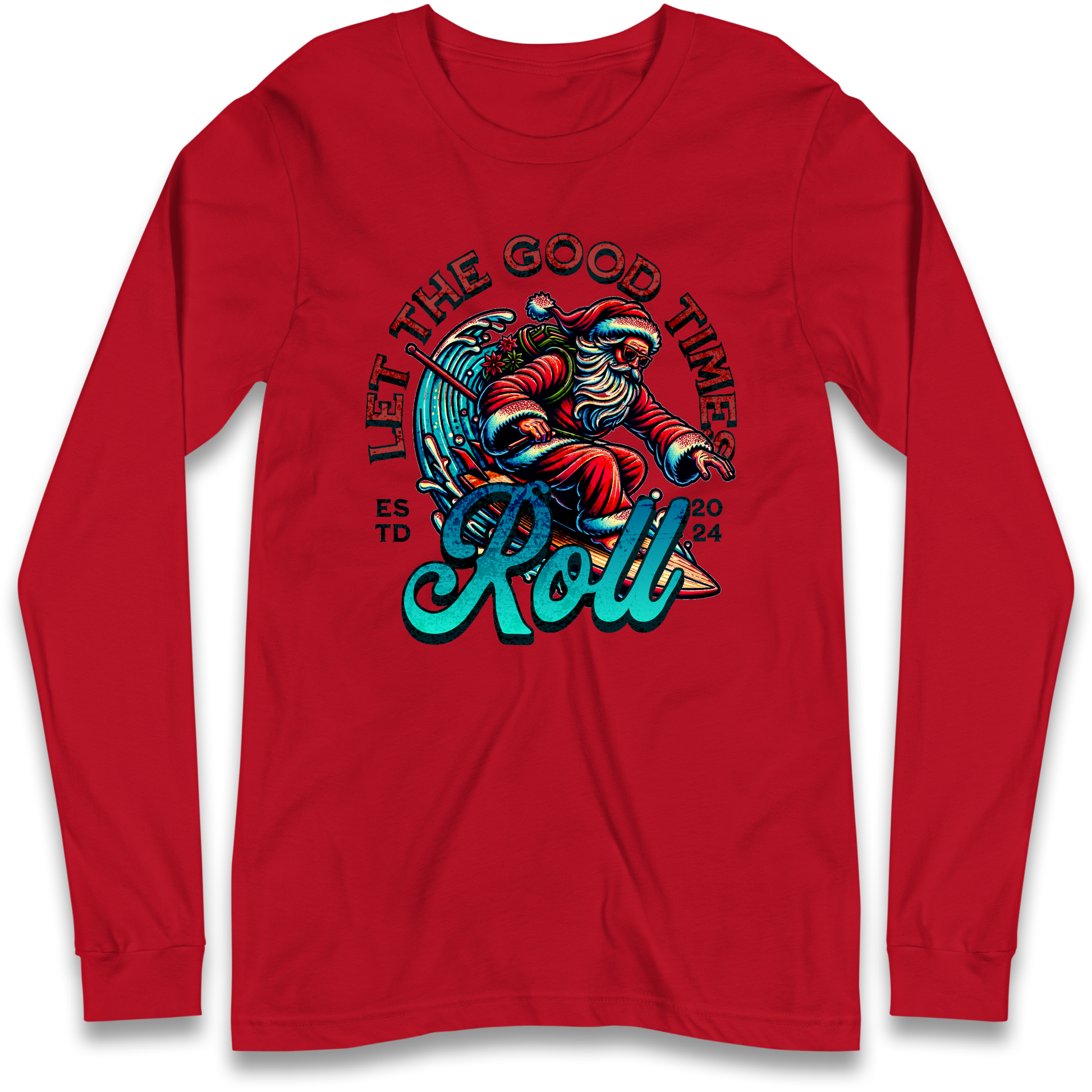 Santa Surfing Let The Good Times Roll Christmas Longsleeve T Shirt