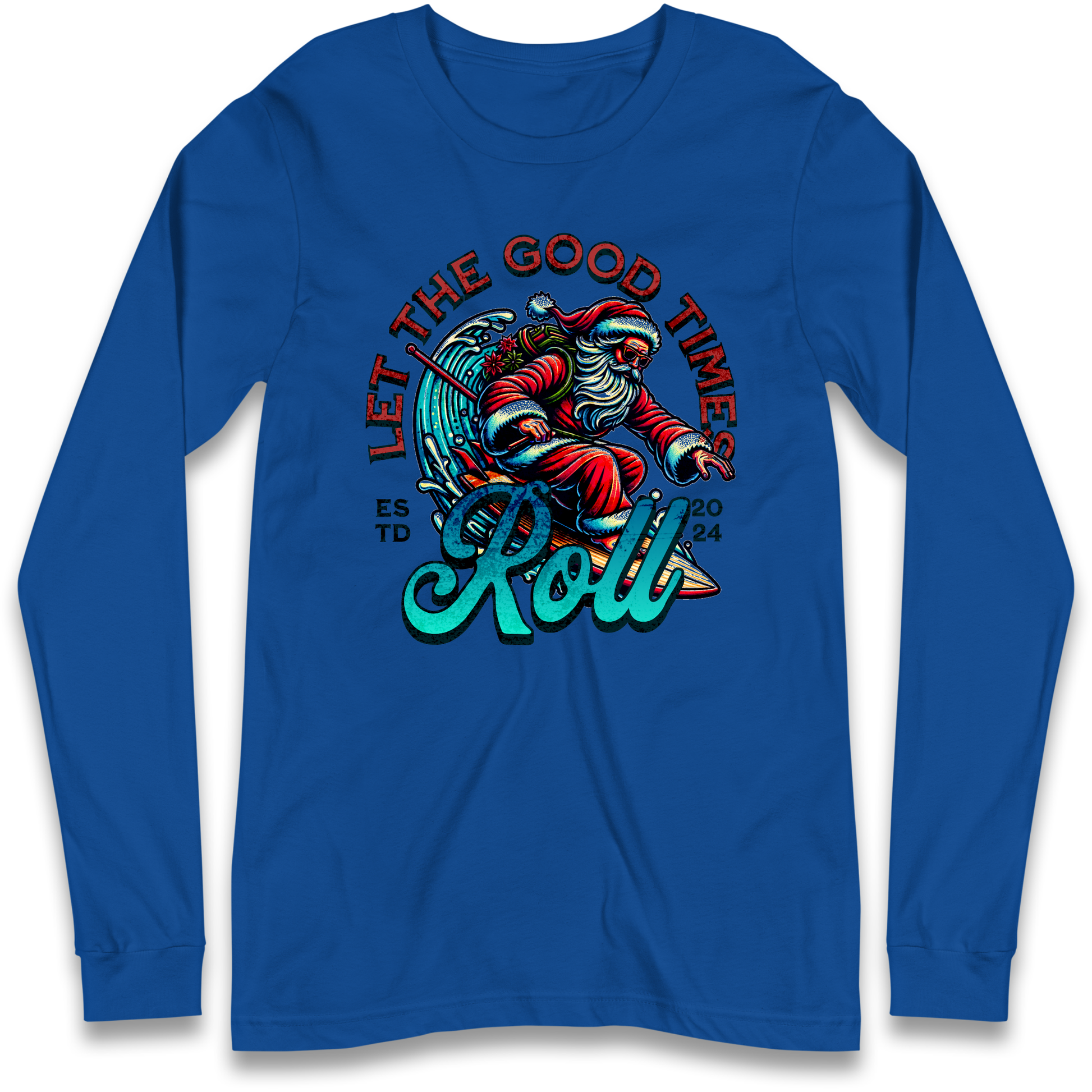 Santa Surfing Let The Good Times Roll Christmas Longsleeve T Shirt