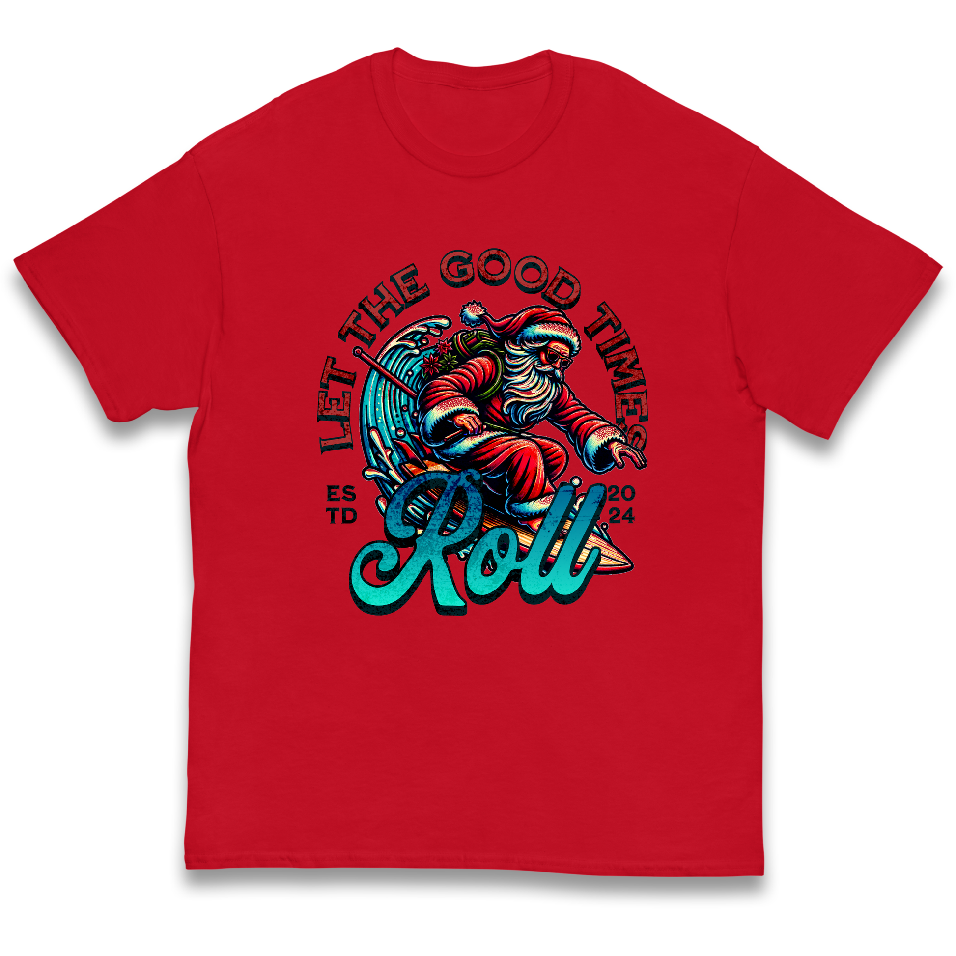Santa Surfing Let The Good Times Roll Christmas kids t shirt