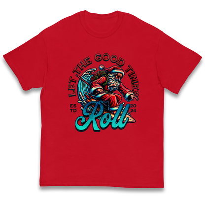 Santa Surfing Let The Good Times Roll Christmas kids t shirt