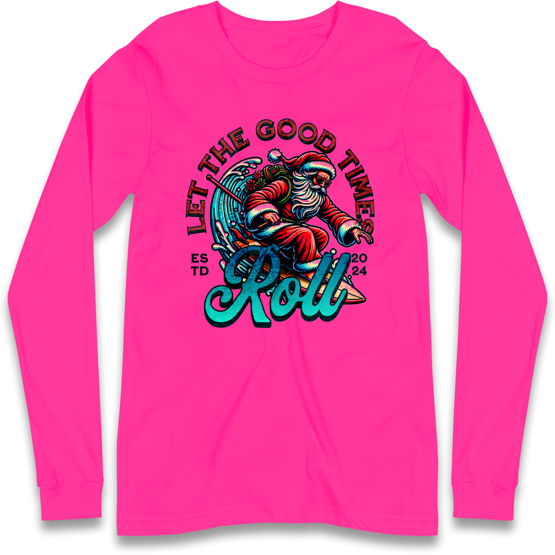 Santa Surfing Let The Good Times Roll Christmas Longsleeve T Shirt