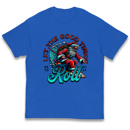 Santa Surfing Let The Good Times Roll Christmas kids t shirt
