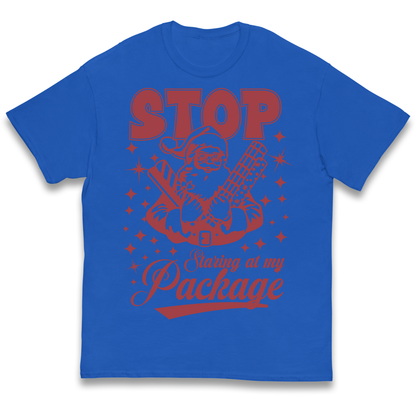 Stop Staring at My Package Christmas kids t shirt