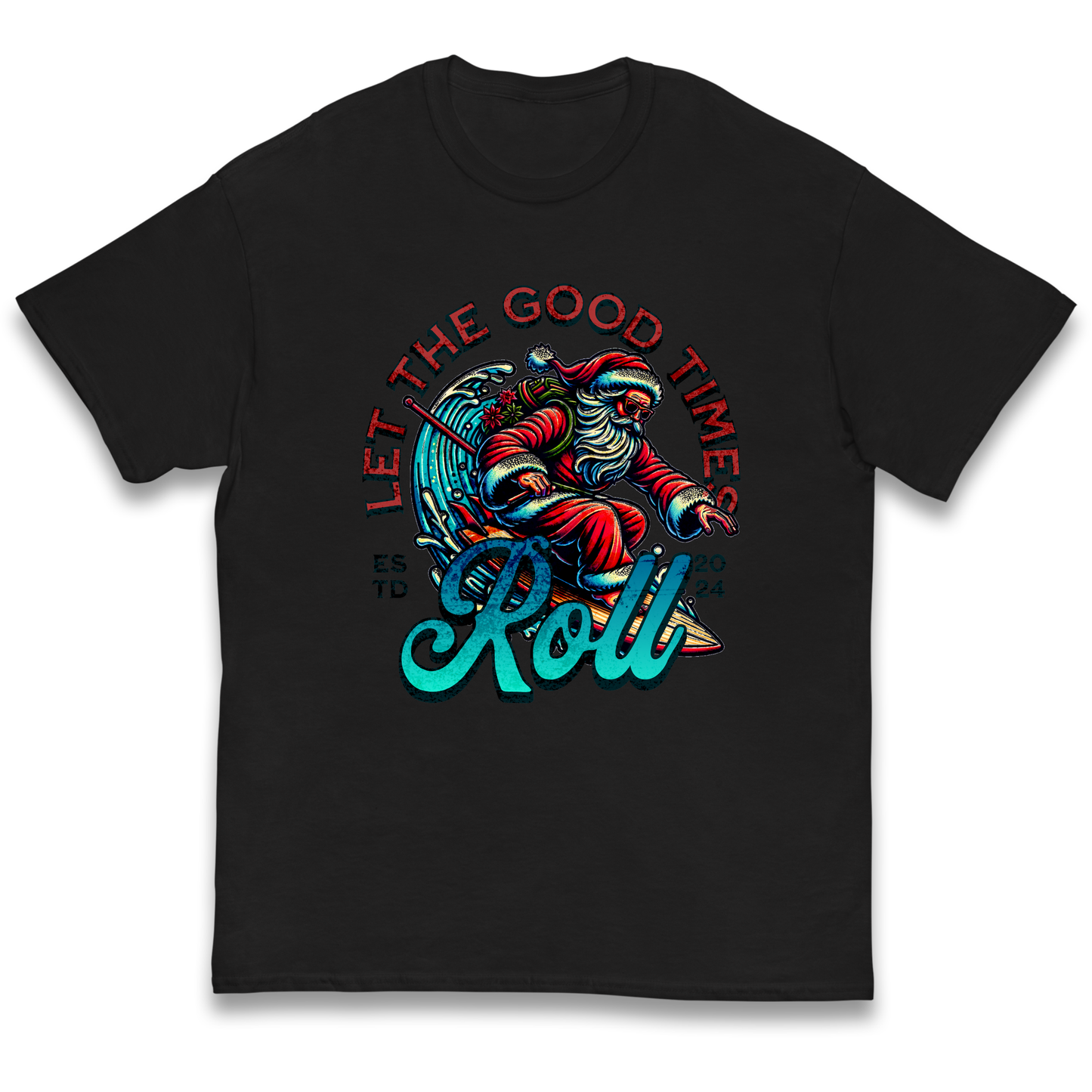 Santa Surfing Let The Good Times Roll Christmas kids t shirt