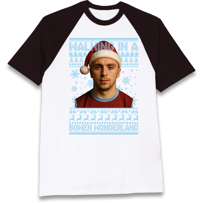 Jared Bowen walking in a Bowen Wonderland Christmas Raglan T Shirt