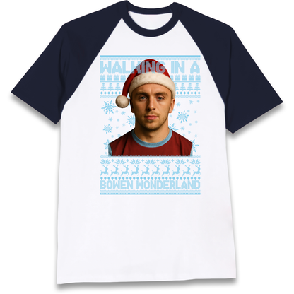 Jared Bowen walking in a Bowen Wonderland Christmas Raglan T Shirt
