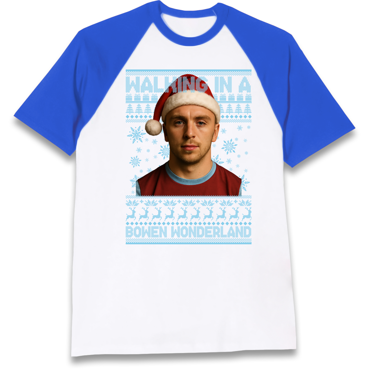 Jared Bowen walking in a Bowen Wonderland Christmas Raglan T Shirt