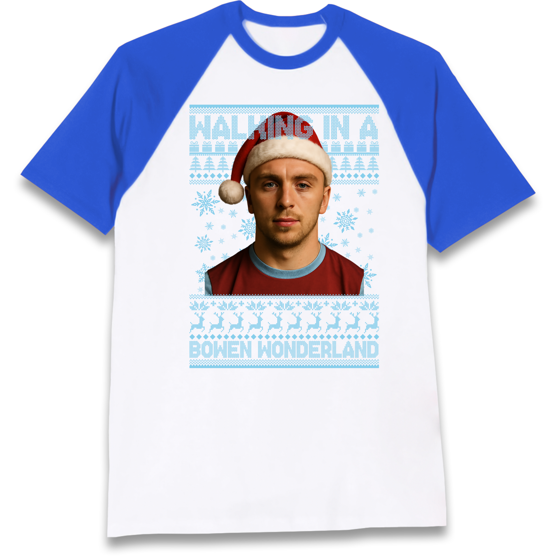 Jared Bowen walking in a Bowen Wonderland Christmas Raglan T Shirt