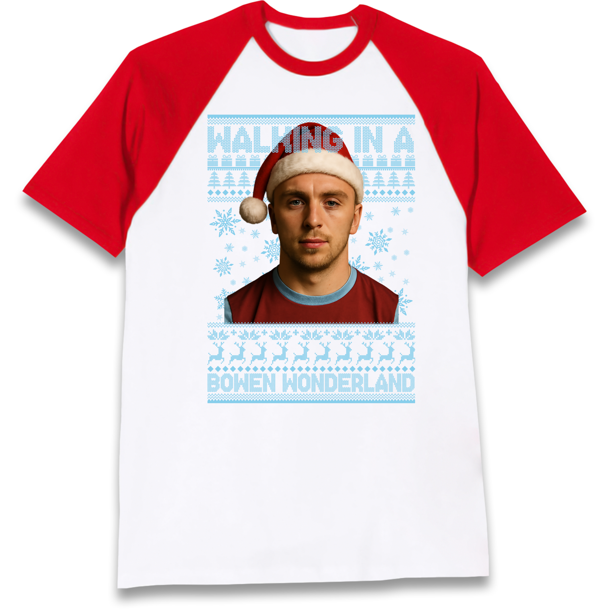 Jared Bowen walking in a Bowen Wonderland Christmas Raglan T Shirt