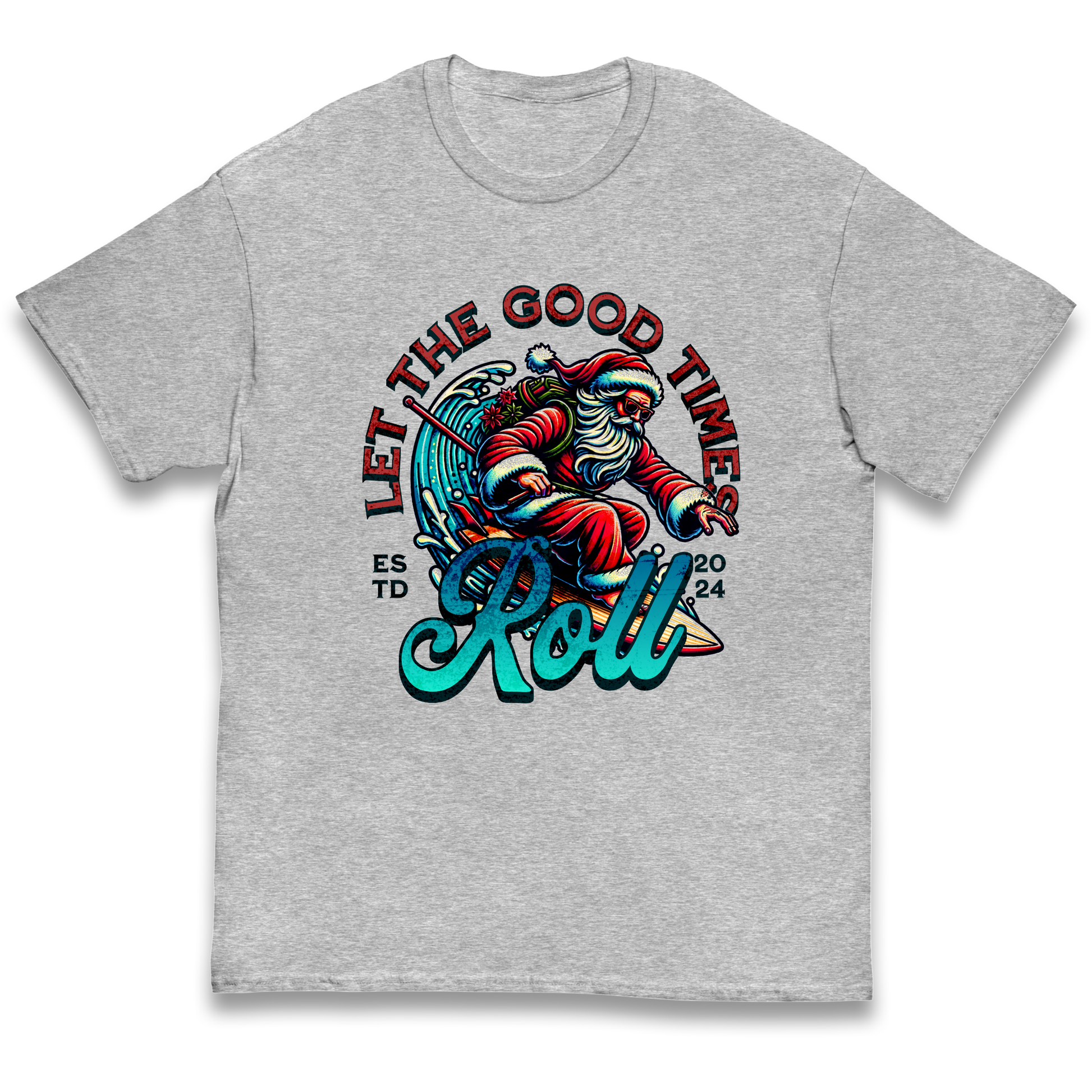 Santa Surfing Let The Good Times Roll Christmas kids t shirt