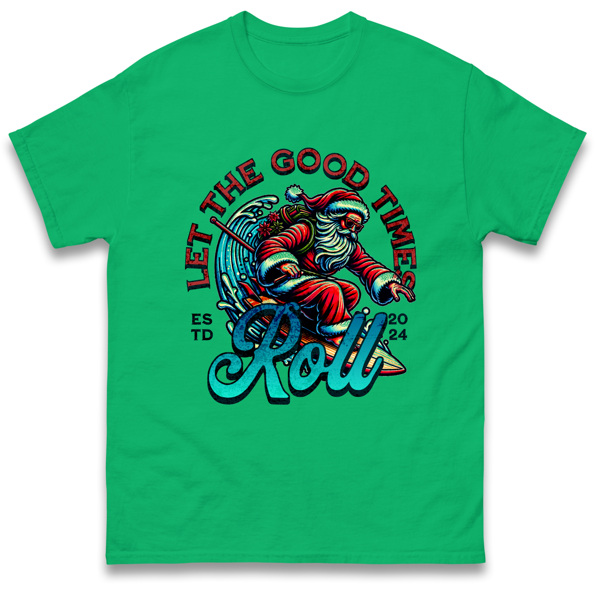 Santa Surfing Let The Good Times Roll Christmas T Shirt