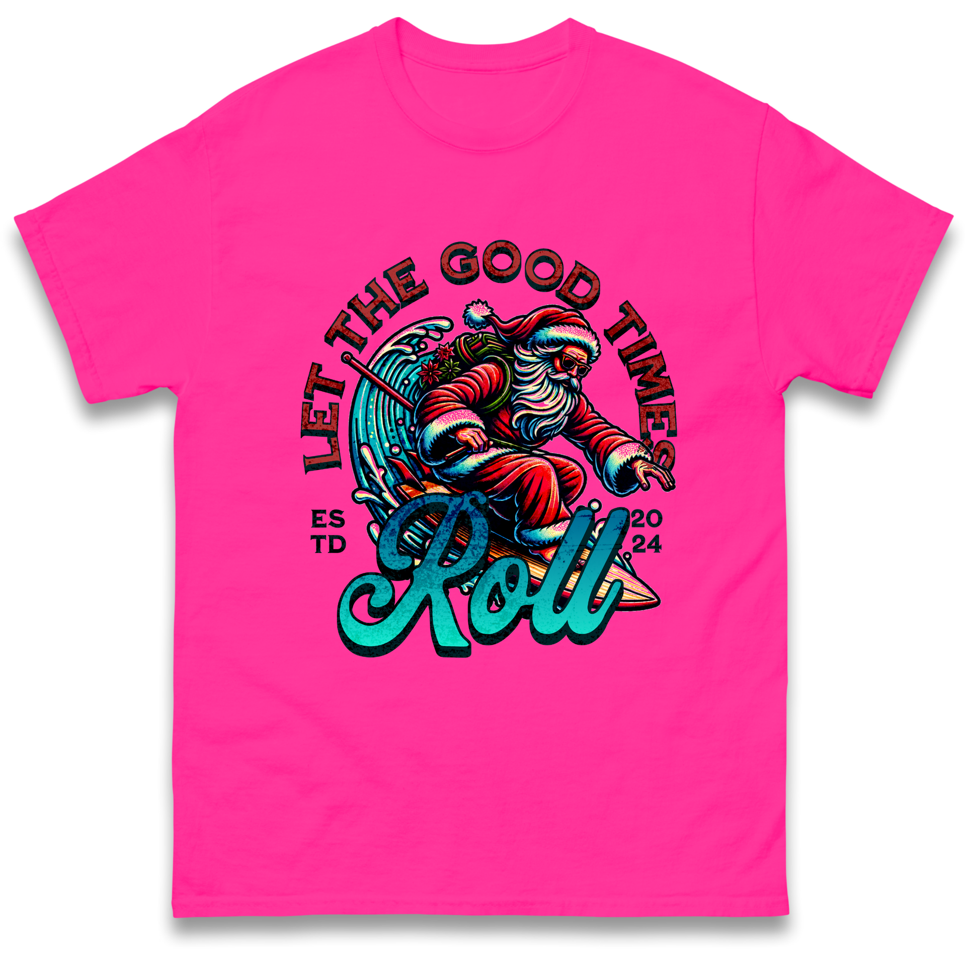 Santa Surfing Let The Good Times Roll Christmas T Shirt