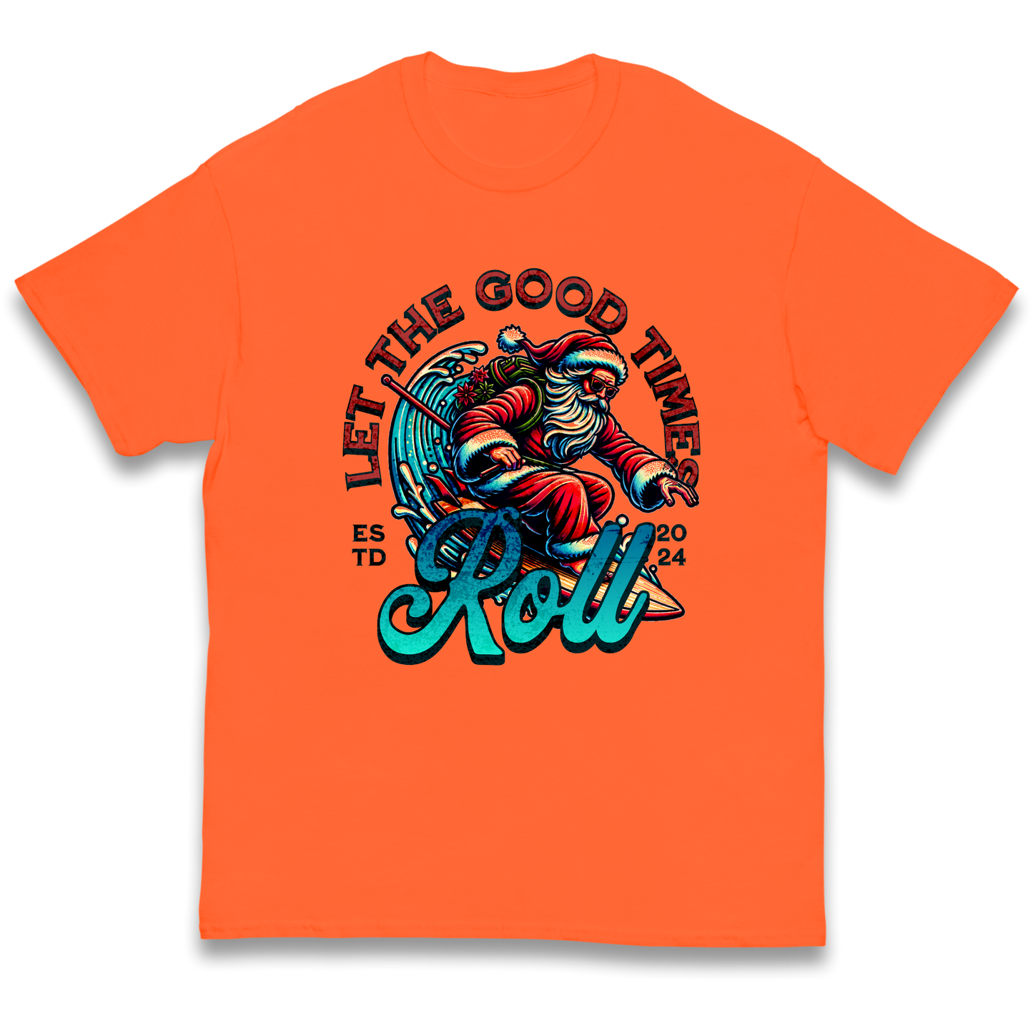 Santa Surfing Let The Good Times Roll Christmas kids t shirt