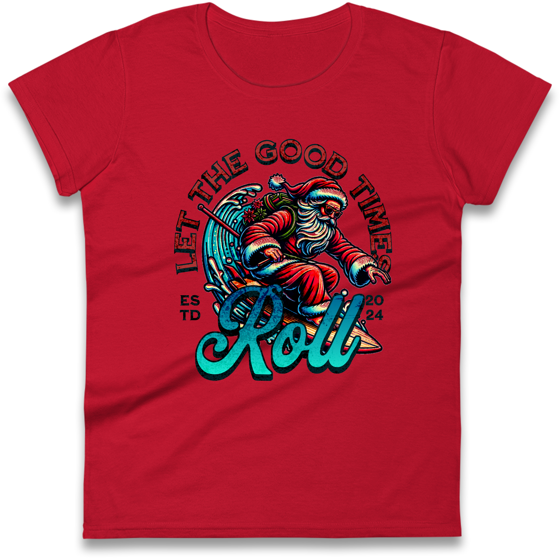 Santa Surfing Let The Good Times Roll Christmas Ladies Shirt