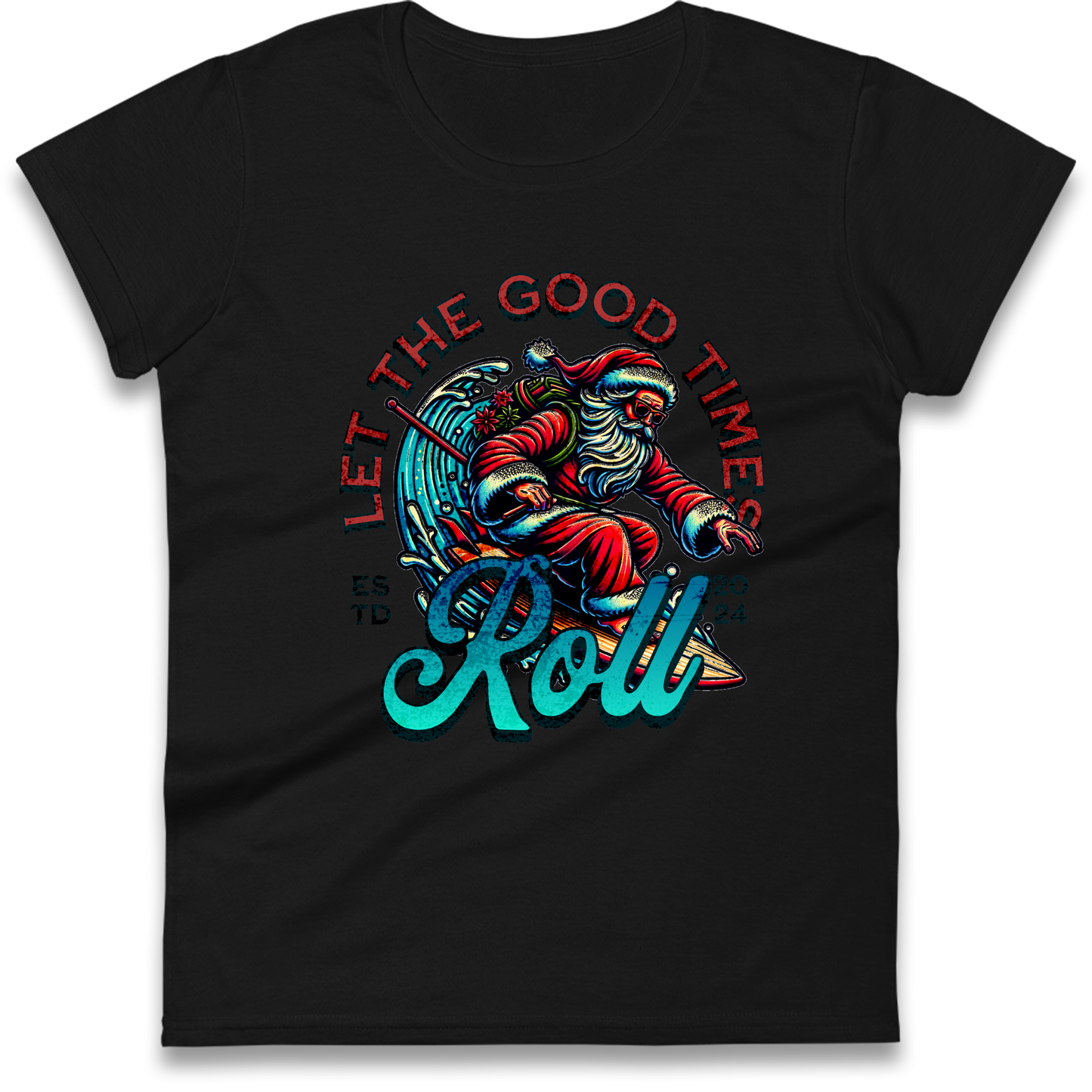 Santa Surfing Let The Good Times Roll Christmas Ladies Shirt