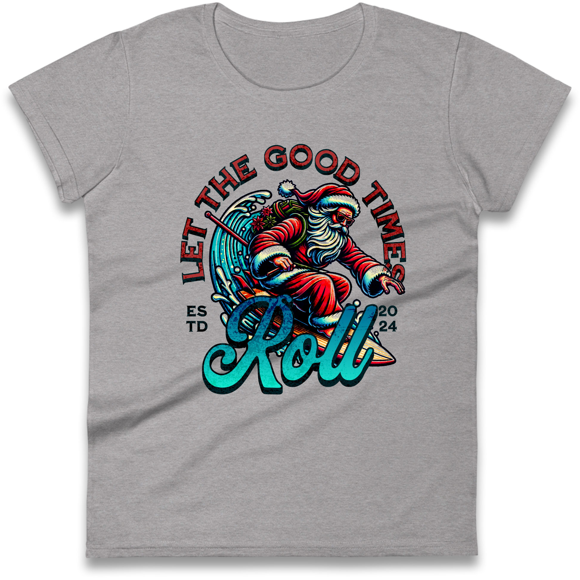 Santa Surfing Let The Good Times Roll Christmas Ladies Shirt