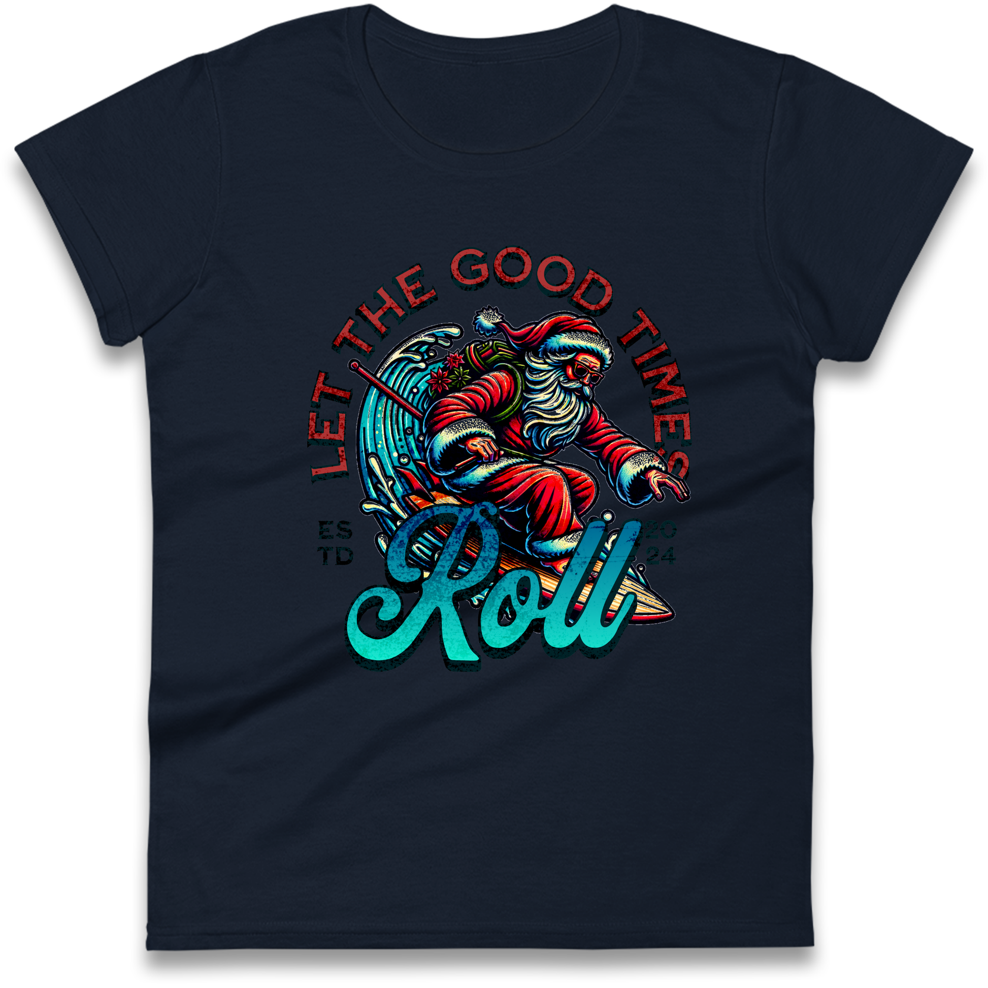 Santa Surfing Let The Good Times Roll Christmas Ladies Shirt