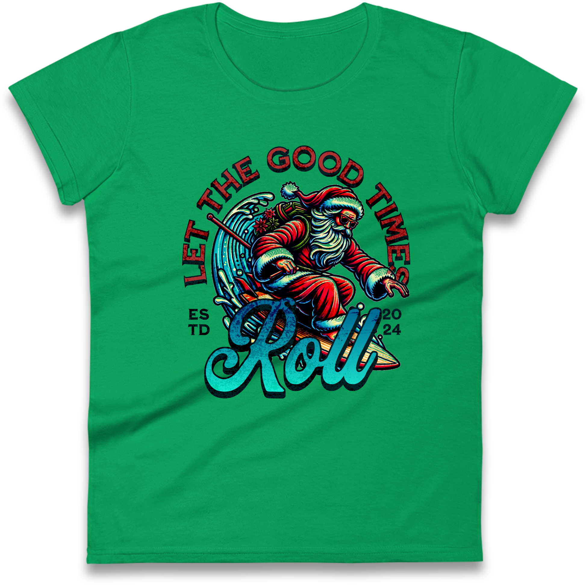 Santa Surfing Let The Good Times Roll Christmas Ladies Shirt