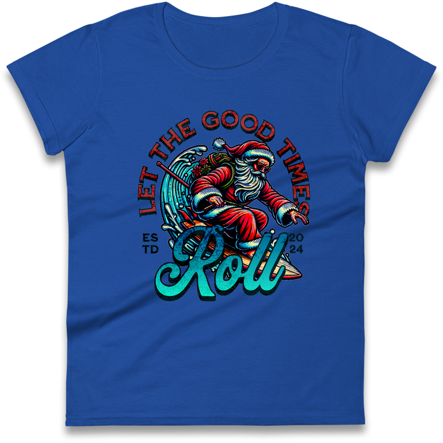 Santa Surfing Let The Good Times Roll Christmas Ladies Shirt