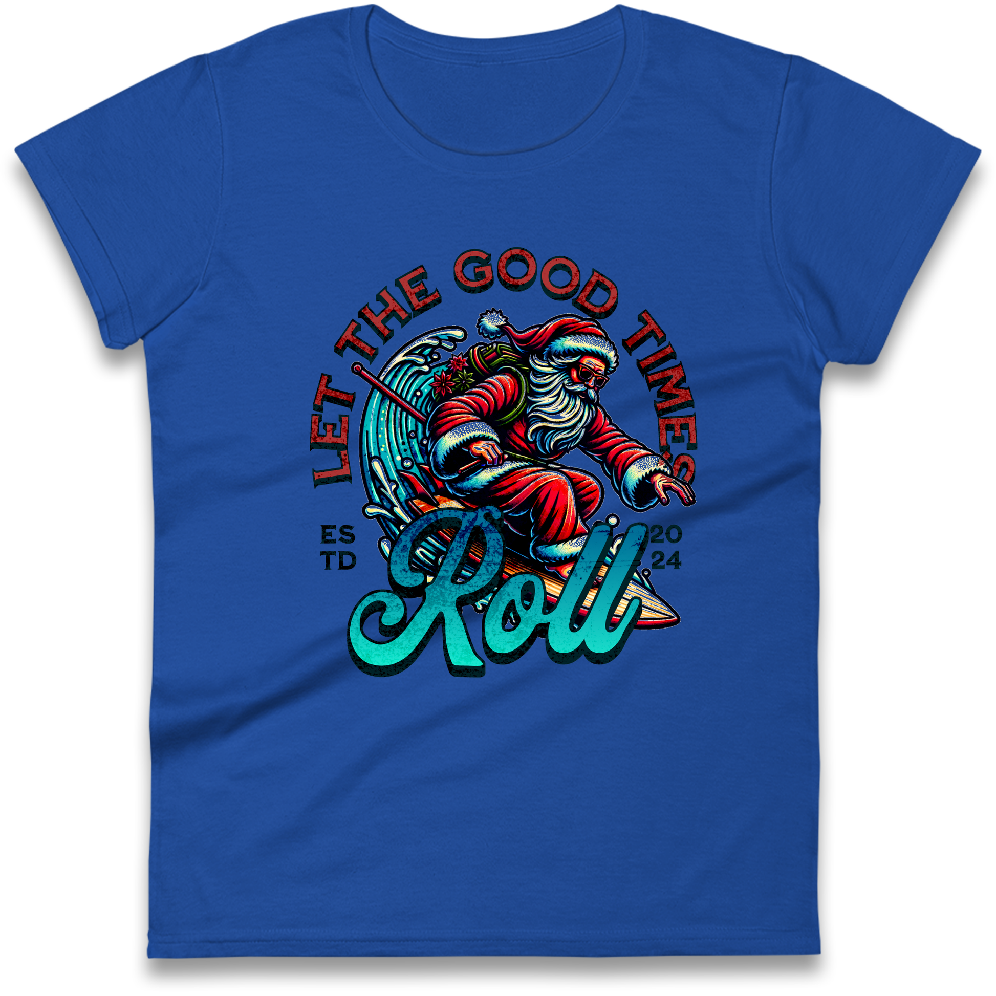 Santa Surfing Let The Good Times Roll Christmas Ladies Shirt