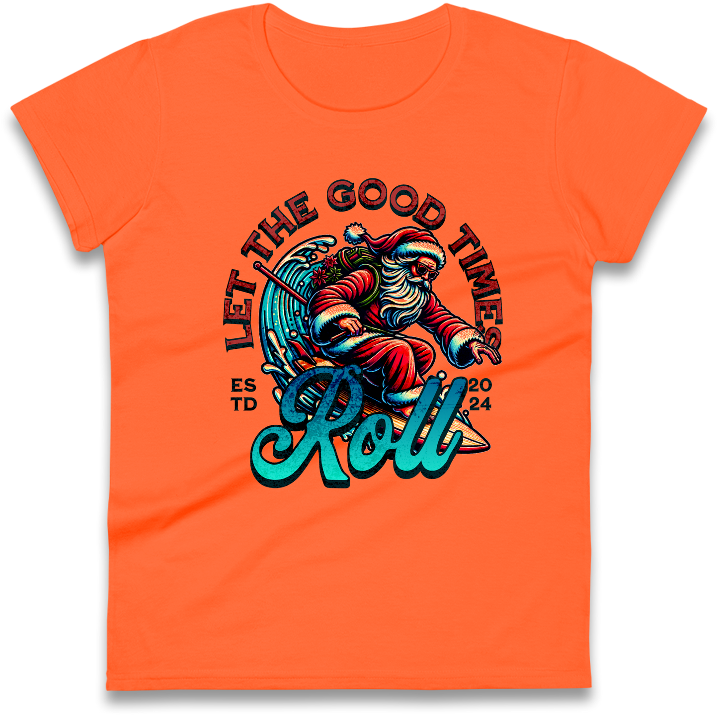 Santa Surfing Let The Good Times Roll Christmas Ladies Shirt