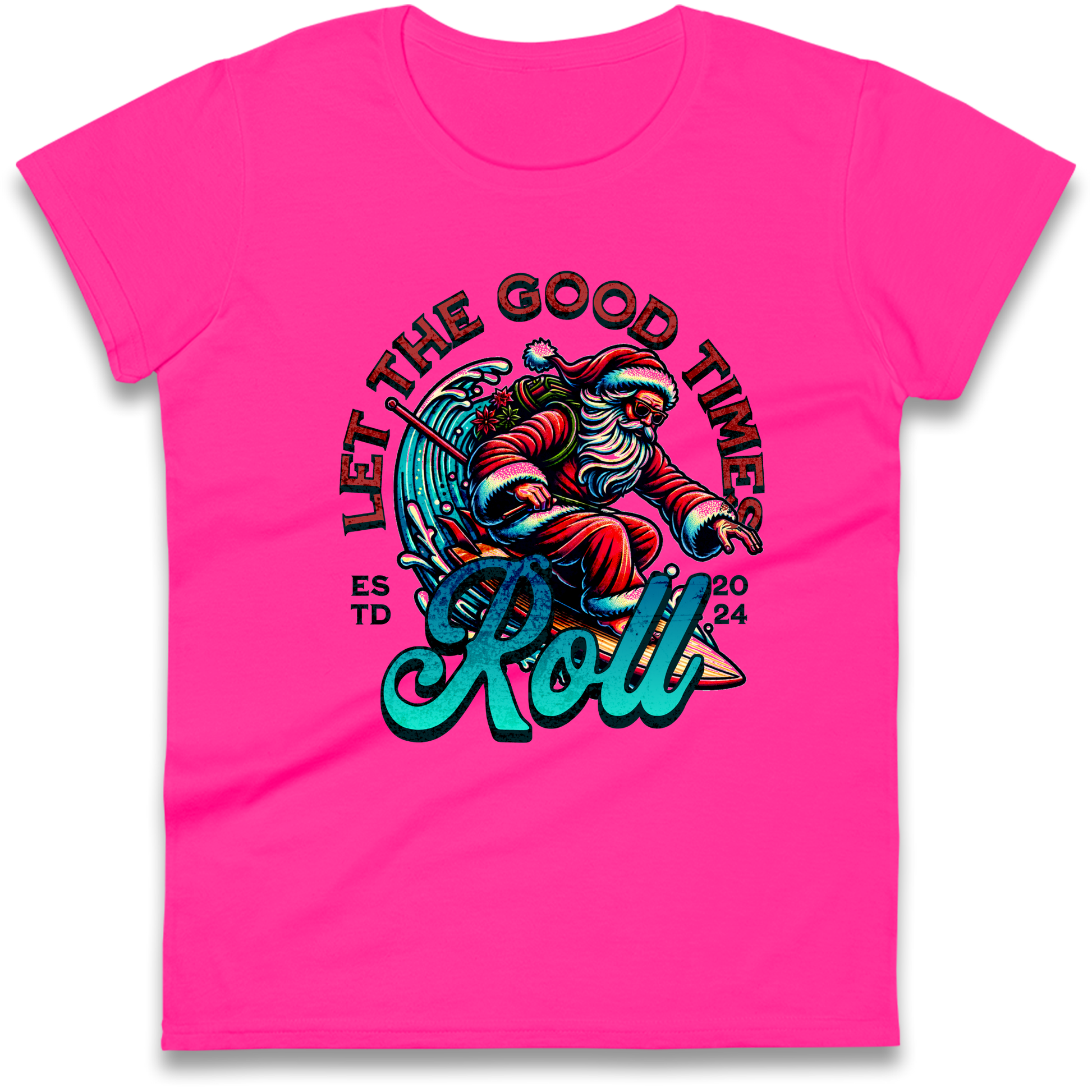 Santa Surfing Let The Good Times Roll Christmas Ladies Shirt