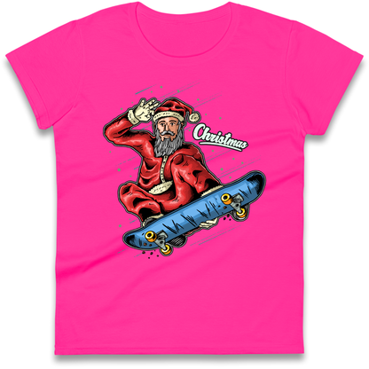 Santa Skateboarding Christmas Ladies Shirt
