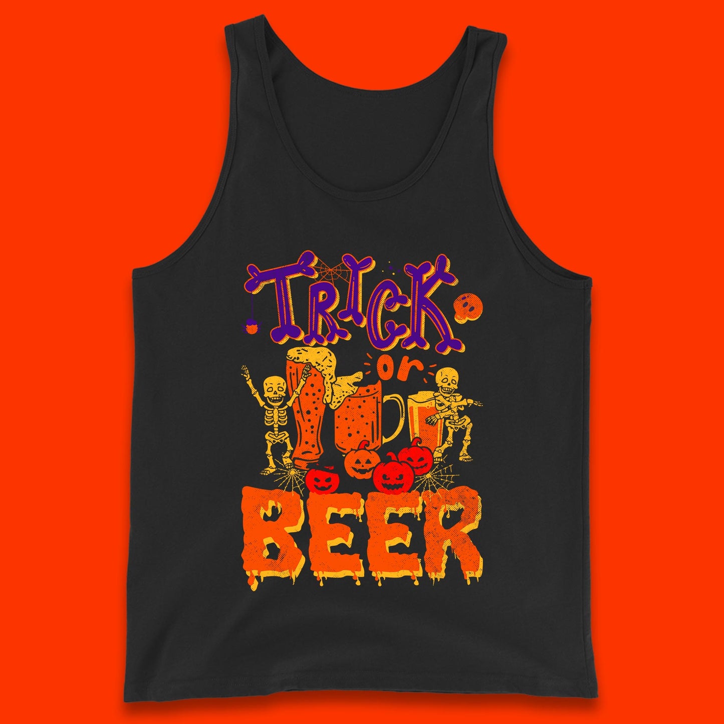 Trick Or Beer Halloween Drinking Beer Lover Dancing Skeleton Drinker Halloween Party Tank Top