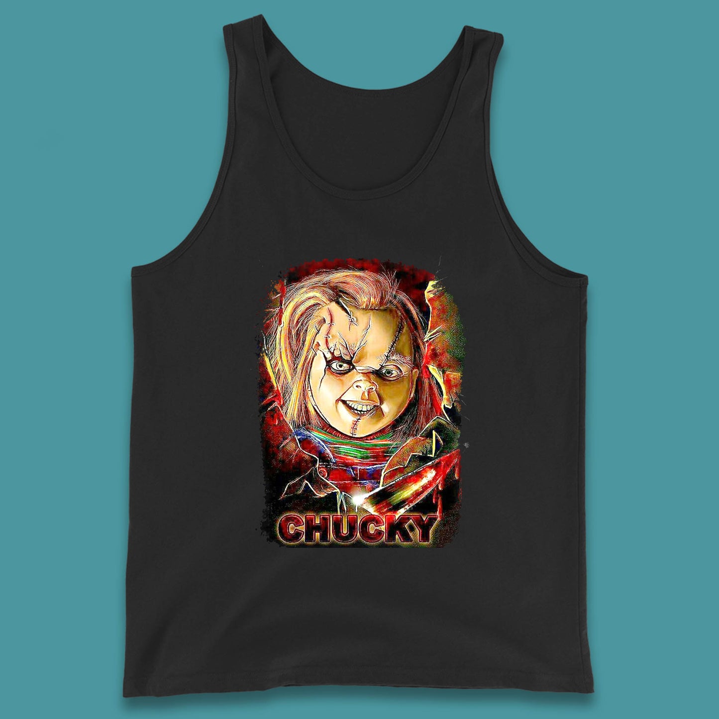 Chucky Distressed Childs Play Horror Monster Creepy Doll Toy Scary Halloween Scary Movie Character Tank Top