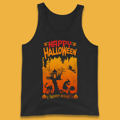 Happy Halloween Horror Hunted House Flying Witch Scary Spooky Night Tank Top