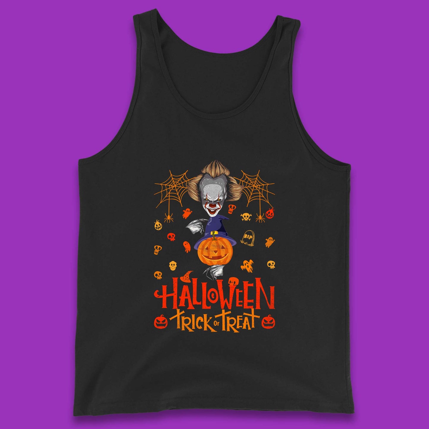 Halloween Trick Or Treat Witch Hat Pumpkin IT Pennywise Clown Horror Scary Movie Fictional Character Tank Top