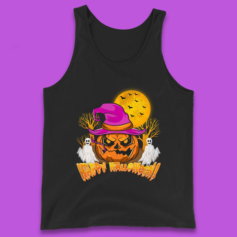 Happy Halloween Pumpkin Witch Hat Jack-o'-lantern With Full Moon Flying Bats Horror Scary Boo Ghost Tank Top
