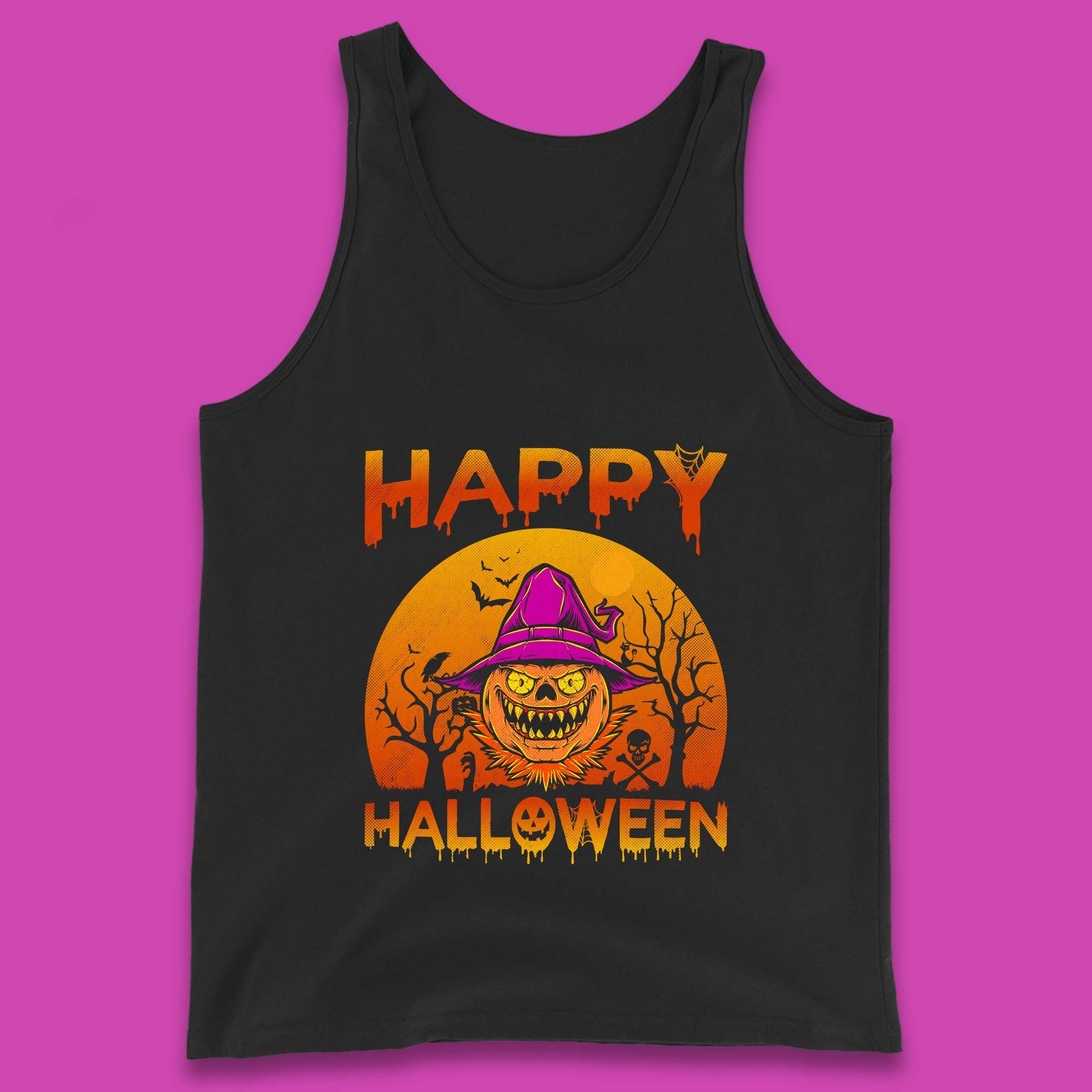 Happy Halloween Monster Pumpkin With Witch Hat Horror Scary Spooky Season Tank Top