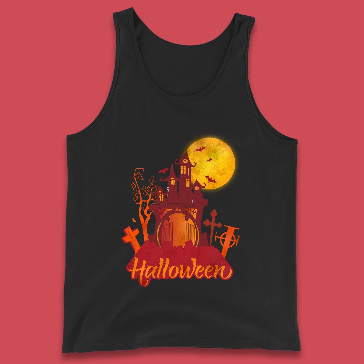 Halloween Lettering With Full Moon Scary Haunted House Flying Bats Horror Graveyard Tank Top