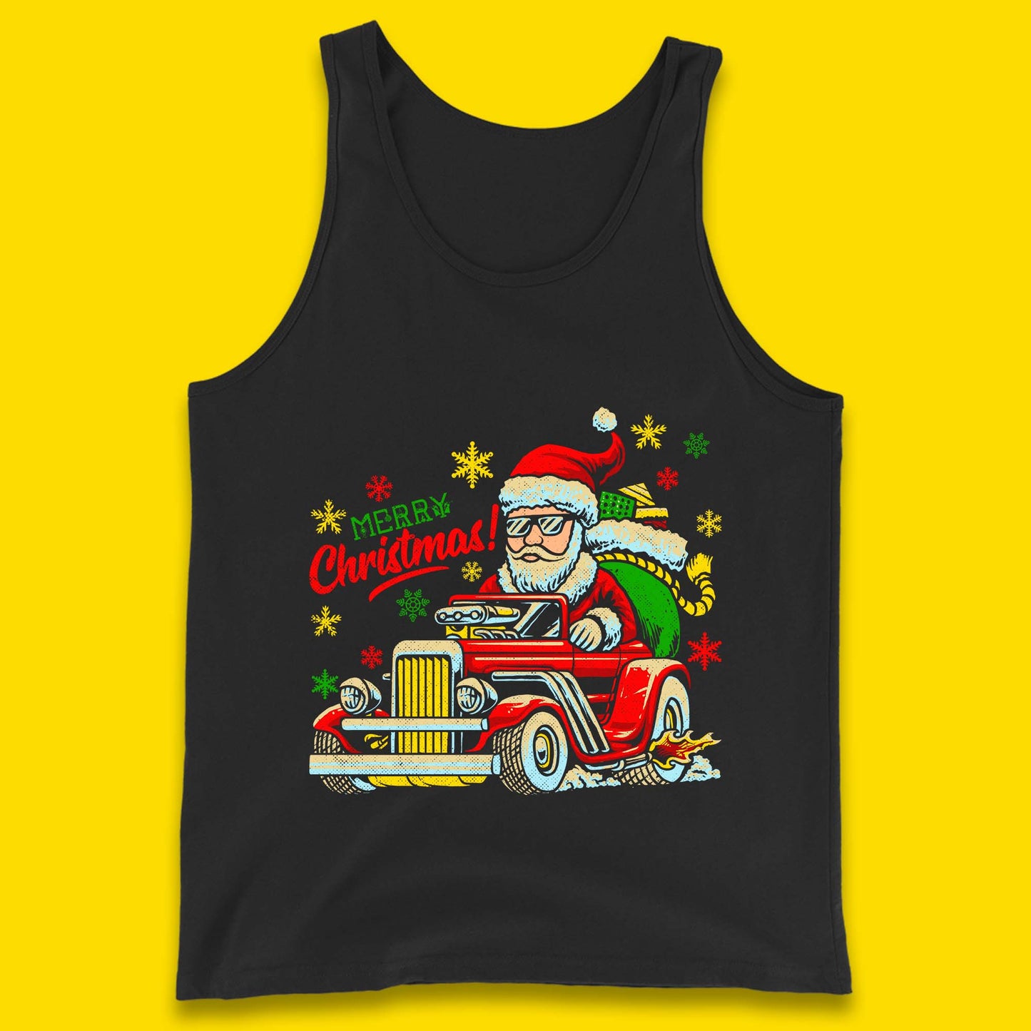 santa drives a hot rod car tank top