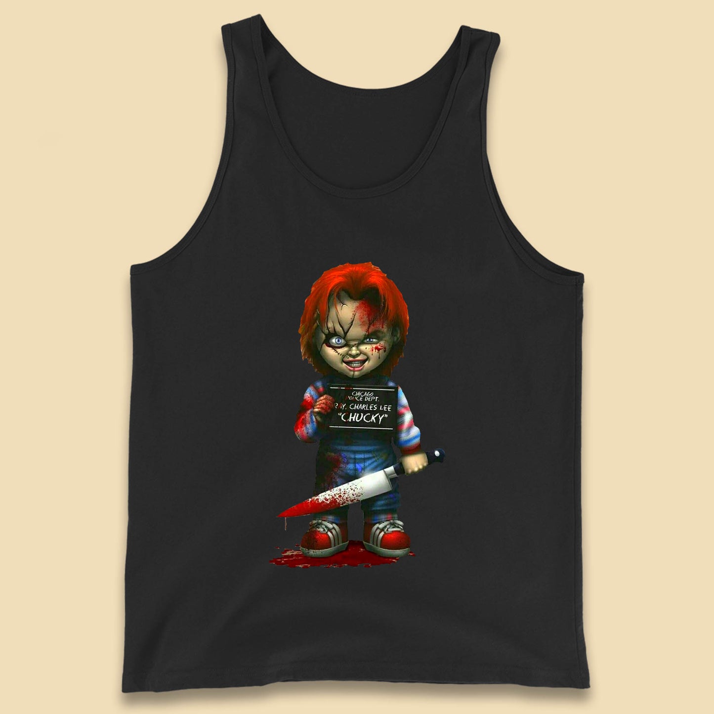 Chucky Mug Shot Chicago Police Dept Ray Charles Lee Chucky Halloween Horror Movie Tank Top