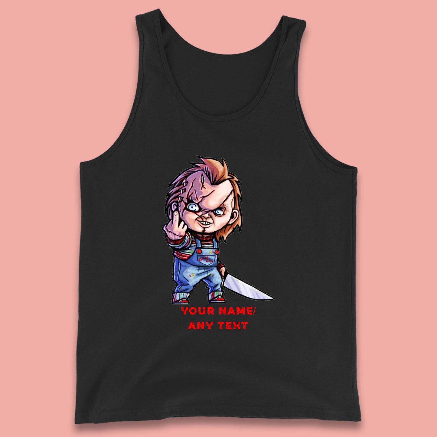 Personalised Chucky With Knife Your Name Or Text Halloween Horror Movie Character Tank Top