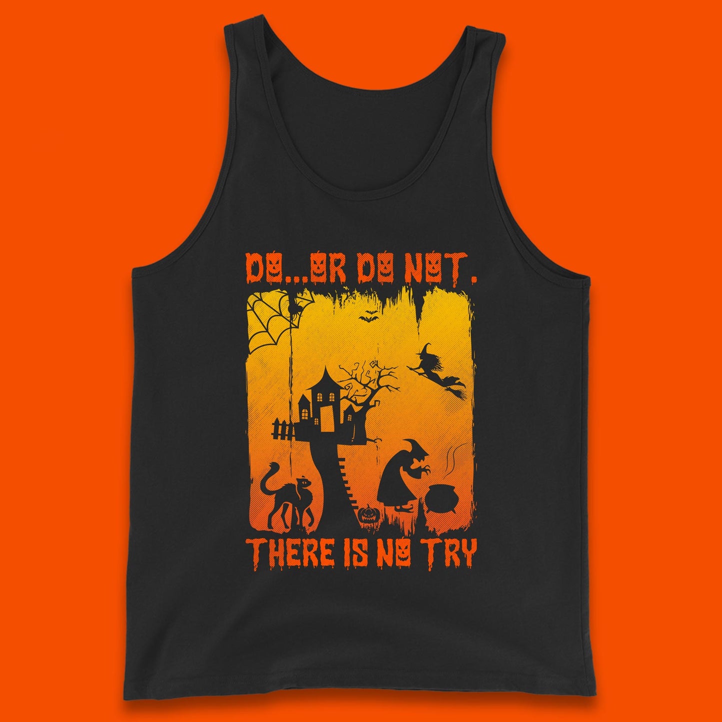 Do Or Do Not There Is No Try Halloween Tree House Flying Witch Scary Spooky Black Cat Tank Top