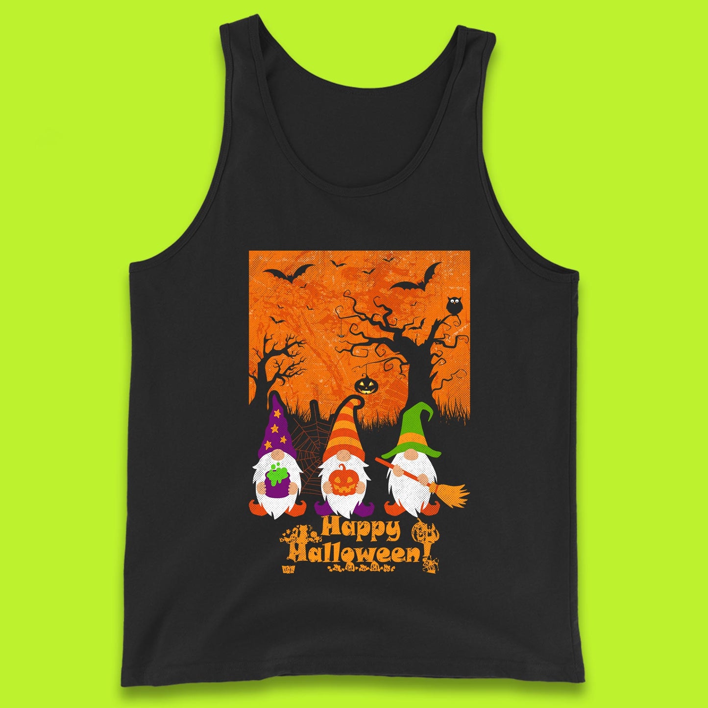 Happy Halloween Gnomies Spooky Witch Gnomes Scary Halloween Trees Gnome Lover Tank Top
