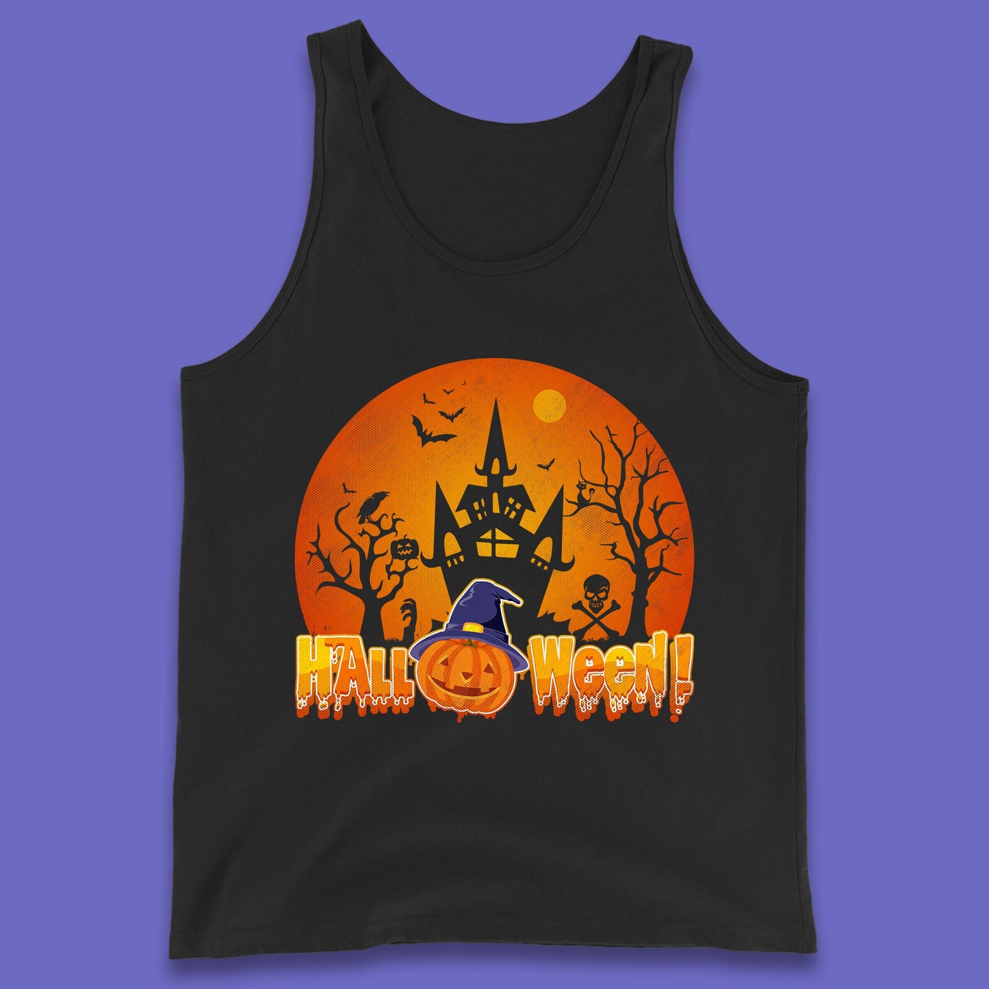 Halloween Pumpkin Witch Hat Haunted Castle Flying Bats Skull Bones Scary Dark Night Tank Top
