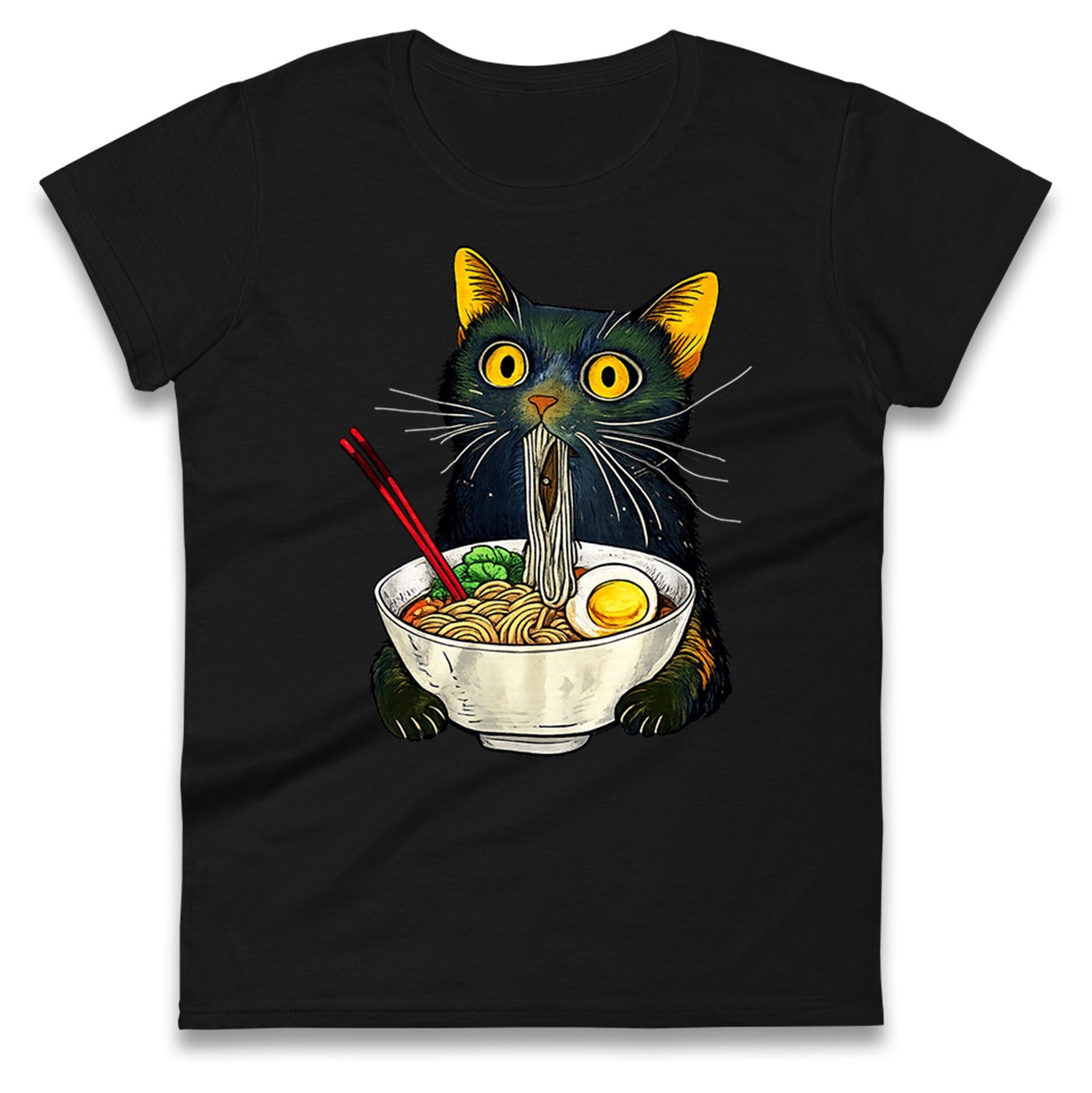 Ramen Noodle Black Cat Foodie Lover Meme Ladies T Shirt