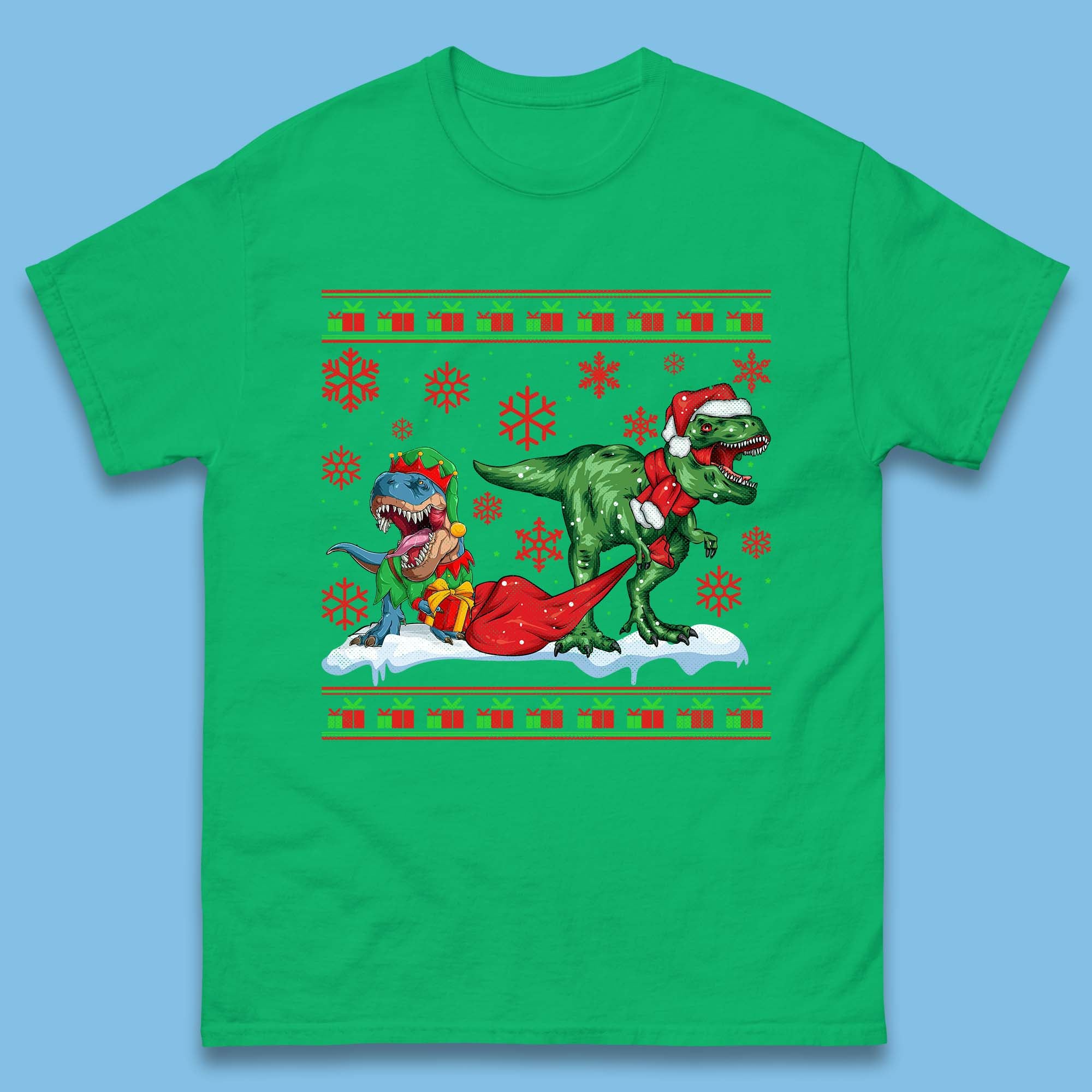 Santa Elf Dinosaur Trex Wearing Christmas Santa Claus And Elf Costume And Holding A Gift Bag Xmas Mens Tee Top