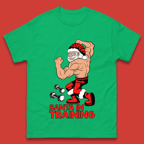 Santa In Traning Christmas Gym Body Builder Santa Claus Fitness Training Xmas Gymmer Work Out Mens Tee Top